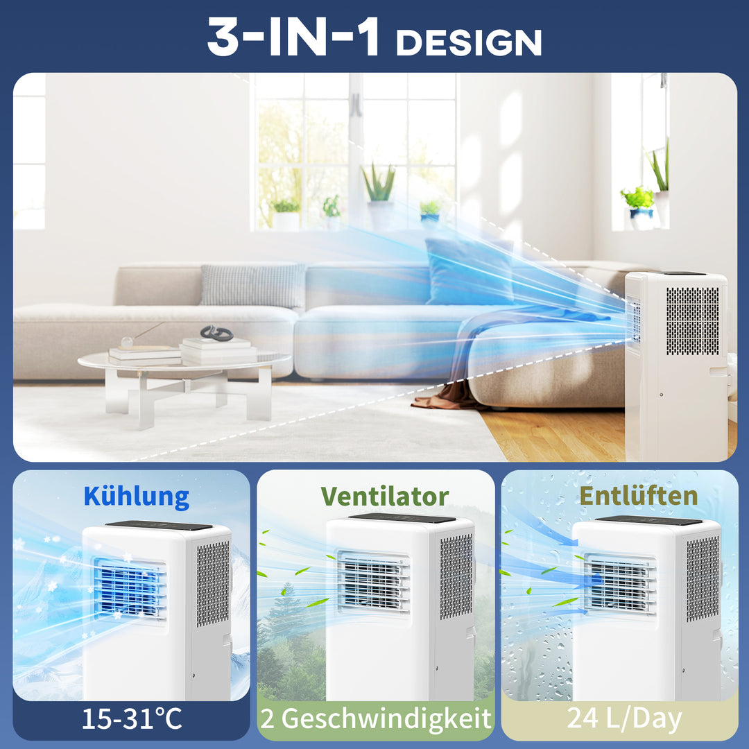 Bærbart klimaanlæg, forskellige indstillinger, LED-display, timer, hjul, hvid