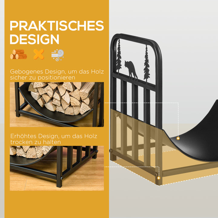 Brændehylde, træ- og bjørnescene, metalstruktur, hævet base, 42x33,5x43 cm, sort