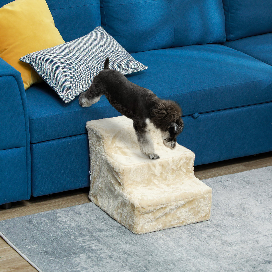 Sammenklappelig kæledyrstrappe, 3 trin, vaskbart plysbetræk, spånplade, 46 x 35 x 35 cm, beige