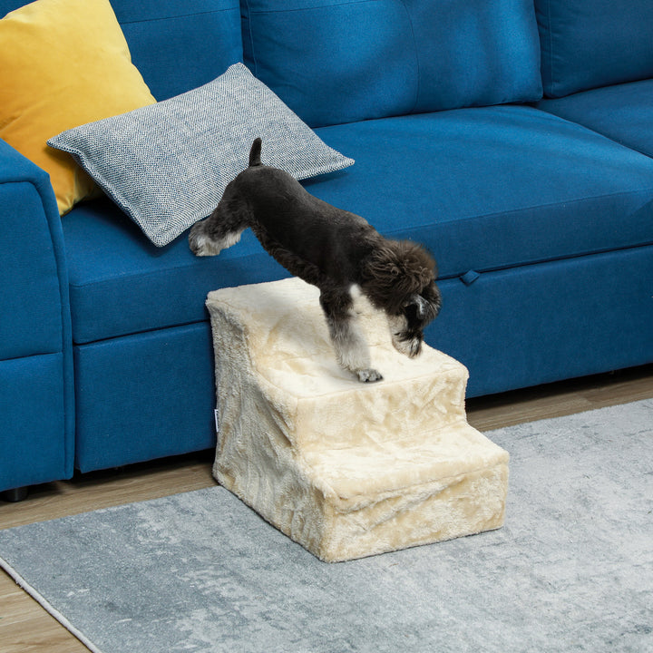 Sammenklappelig kæledyrstrappe, 3 trin, vaskbart plysbetræk, spånplade, 46 x 35 x 35 cm, beige