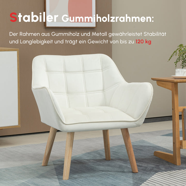 Polstret lænestol, accentstol, skandinavisk design, fløjlslook, op til 120 kg, ben af gummitræ, creme
