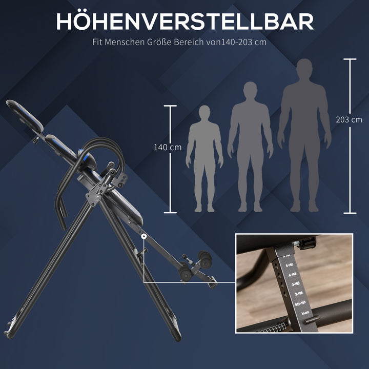 Inversion bench foldbar gravity trainer med to bevægelige hjul rygpude metal abs sort+blå 132 x 71 x 145 cm