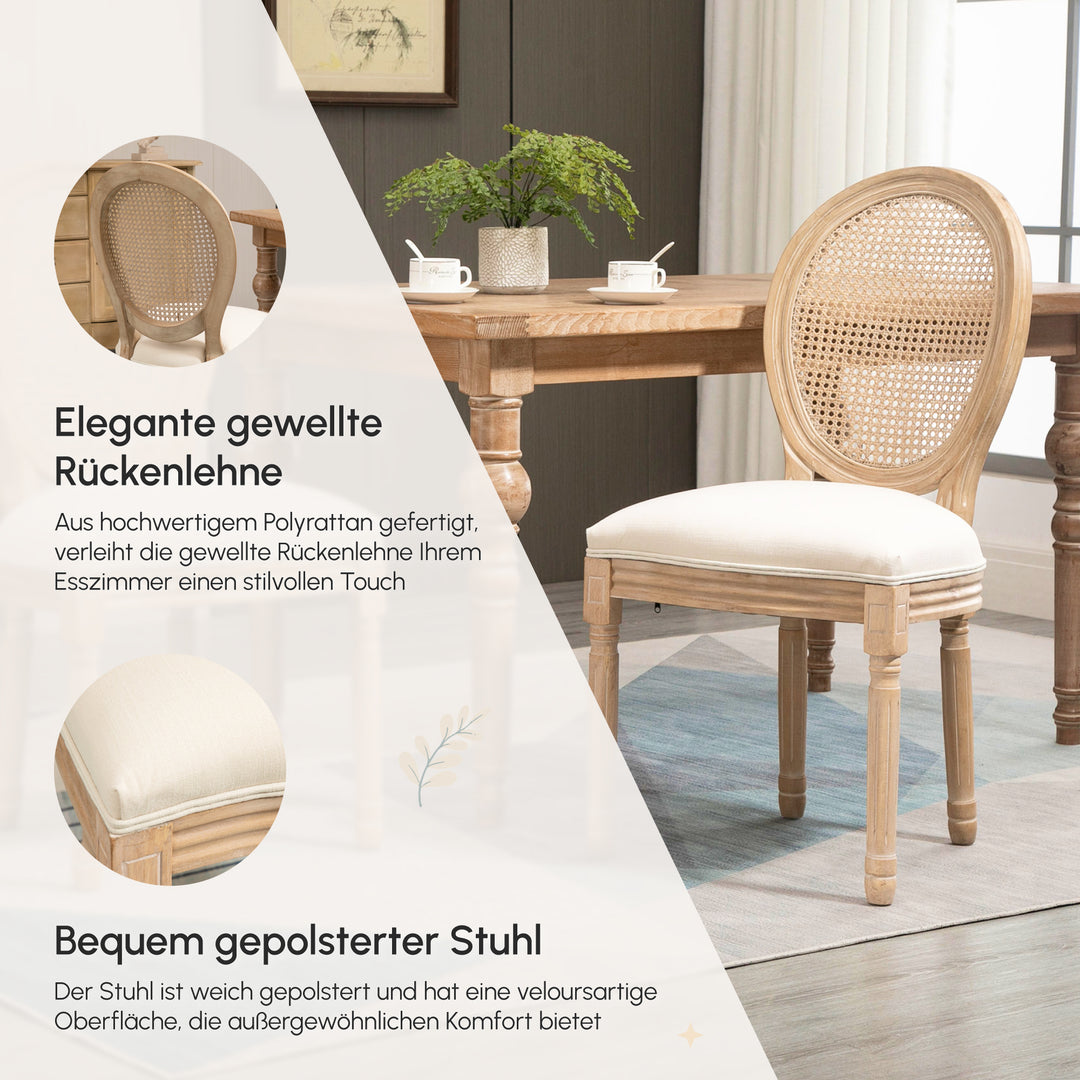 Sæt med 2 køkkenstole, polstrede stole, wienervævet, massivt træ, 49 cm x 56 cm x 96 cm, cremehvid + natur