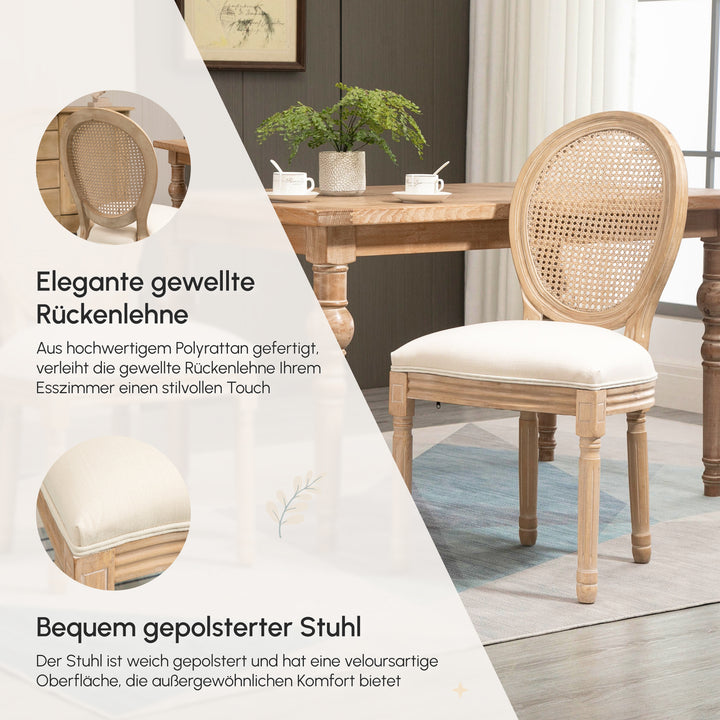 Sæt med 2 køkkenstole, polstrede stole, wienervævet, massivt træ, 49 cm x 56 cm x 96 cm, cremehvid + natur
