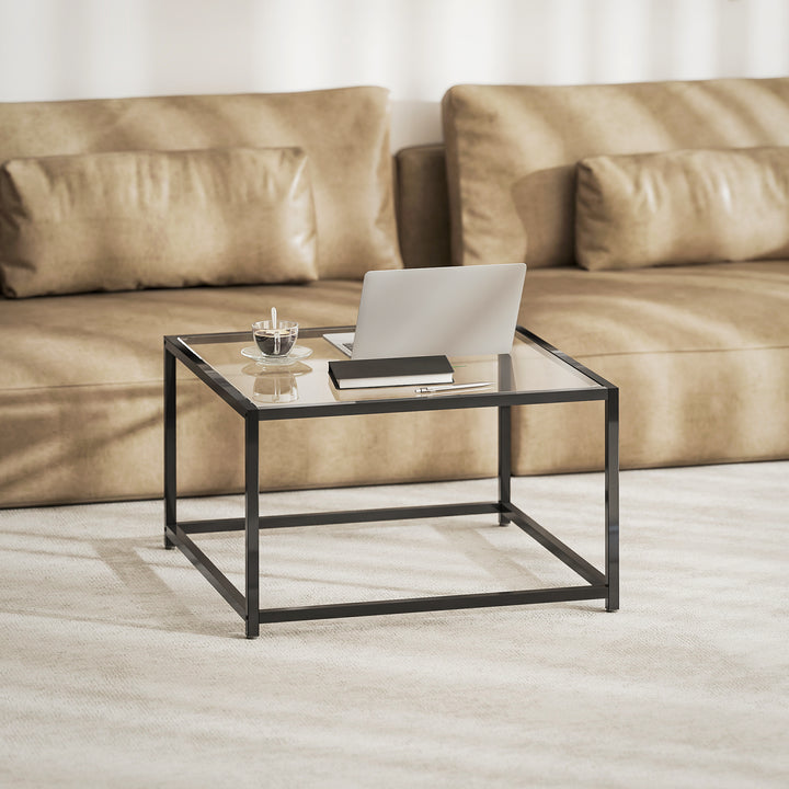 Firkantet sidebord/natbord med bordplade i hærdet glas, sofabord med stålben, 68 x 68 x 39 cm, sort