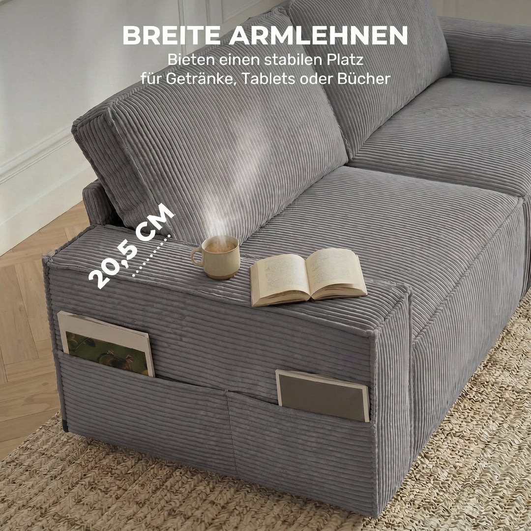 218 cm 3-personers sofa, moderne fløjlssofa med pocketfjederbetræk, brede armlæn og 2 hynder, lysegrå
