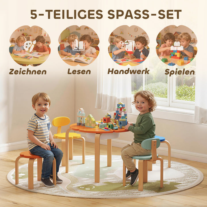5-delt børnebord og stolesæt, med opbevaringstaske, blomsterformet, til legerum, børneværelse, træ, farverig