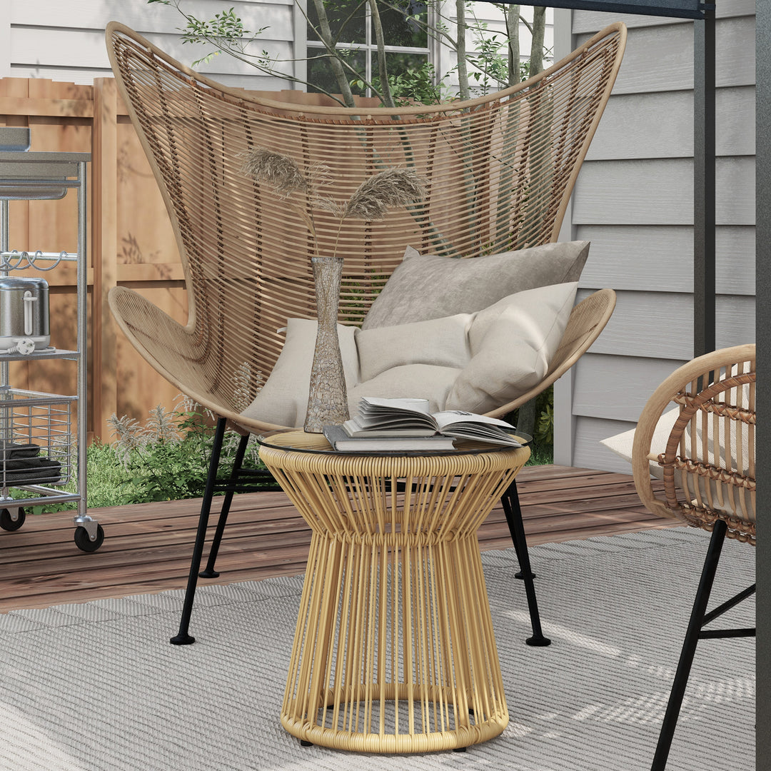 Udendørs sidebord, havebord, rattan sidebord, glasplade, PE-rattan, 40 cm x 40 cm x 42 cm, beige