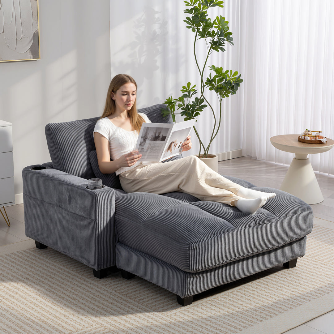 Sovesofa med hynder, skum, kan laves om til en seng, kopholder, grå
