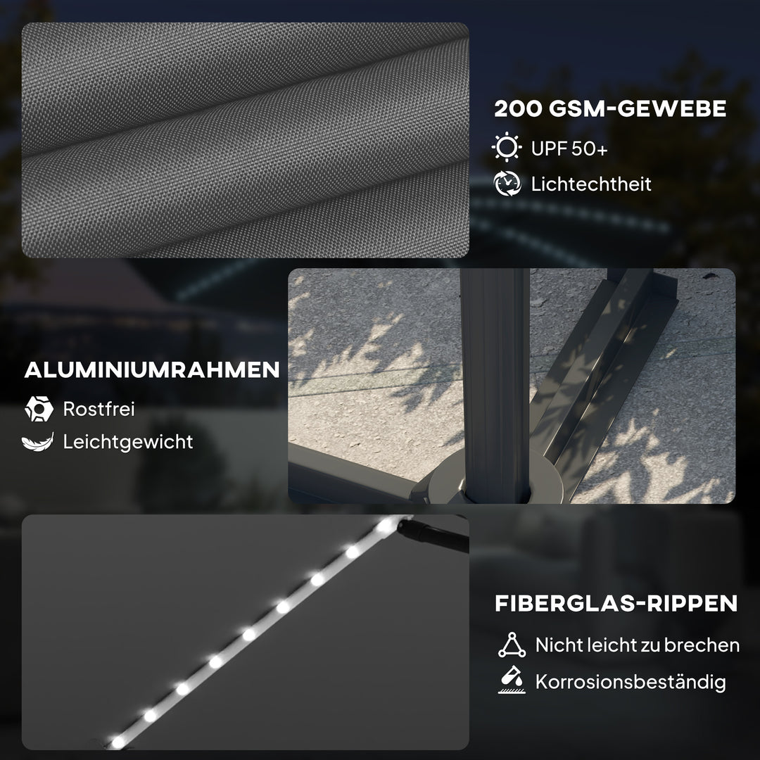 Aluminiums cantilever parasol led solcelle 300 cm højdejusterbar parasol med håndsving uv50+ mørkegrå