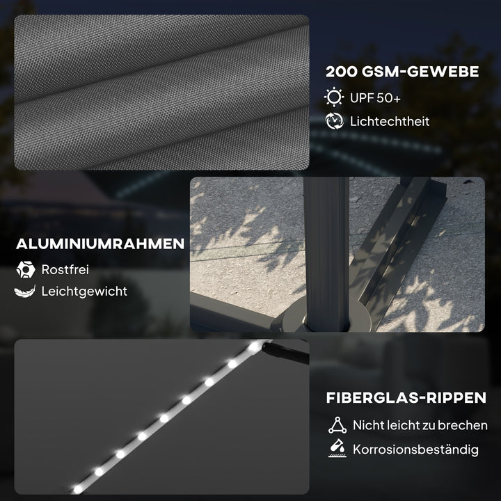 Aluminiums cantilever parasol led solcelle 300 cm højdejusterbar parasol med håndsving uv50+ mørkegrå