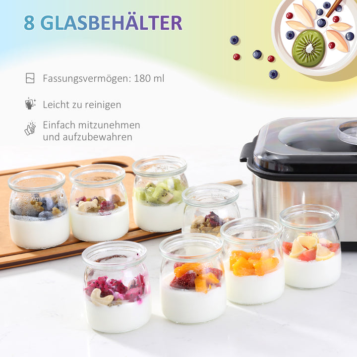 Græsk yoghurtmaskine med låg, 8 BPA-fri glasbeholdere (180 ml hver), med LCD-display og timer, til op til 1,4 liter yoghurt, 25 W, sølv