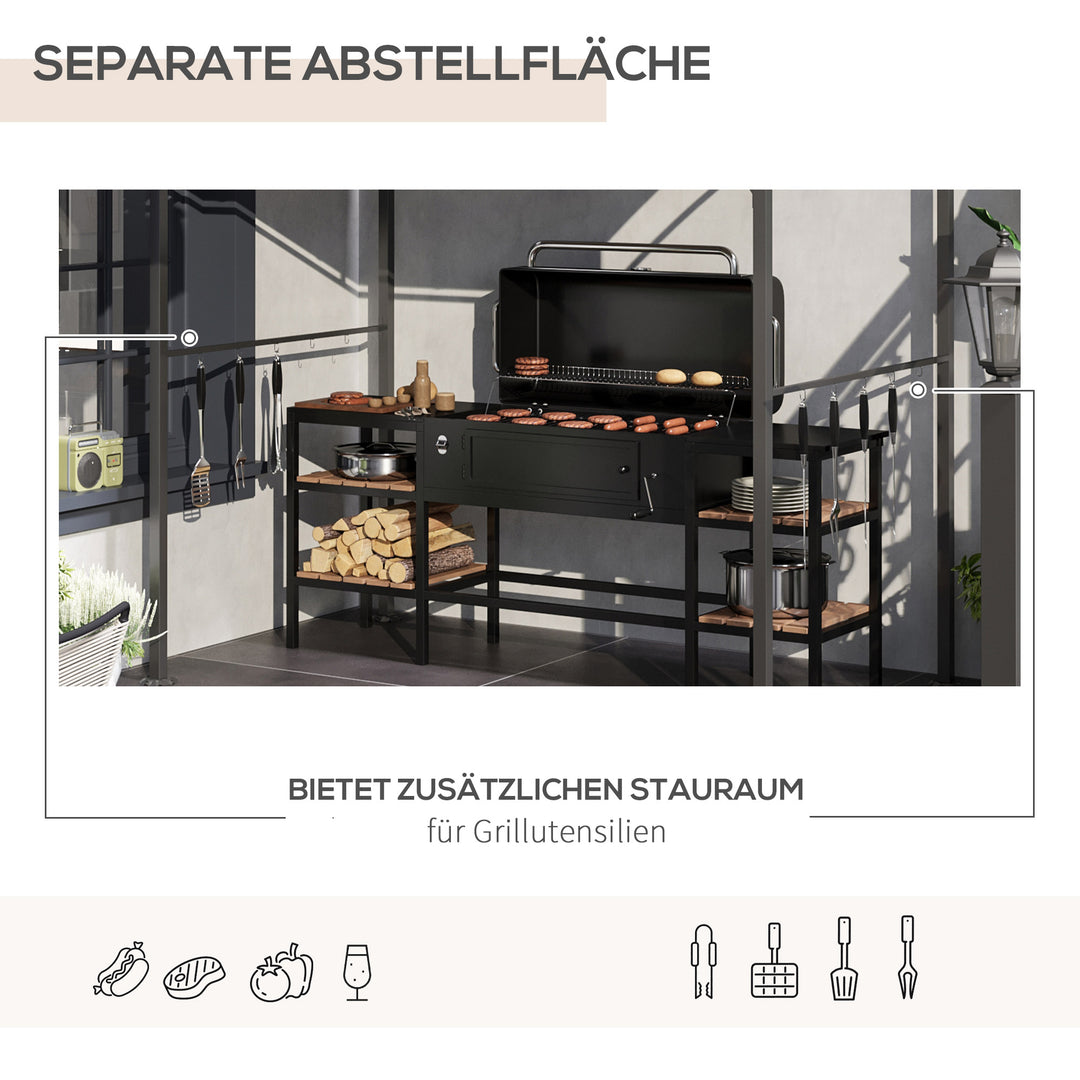 Grillpavillon, grillbaldakin, regnslag, kroge til redskaber, stålramme, beige+sort, 215 x 150 x 182/220 cm
