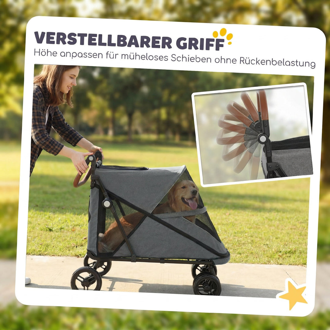 Sammenklappelig hundevogn/klapvogn til store hunde op til 30 kg med 360° drejelige hjul, netvindue, hynde, justerbart håndtag, grå