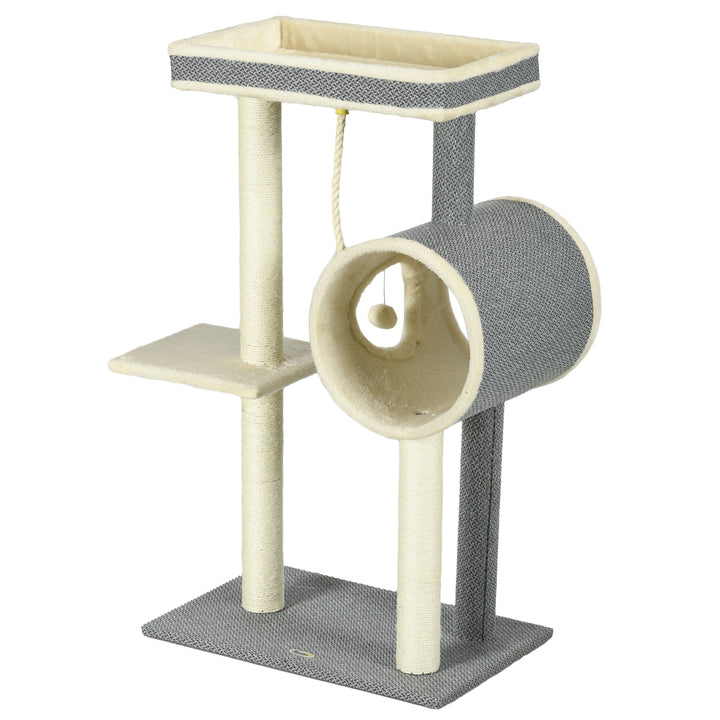 Kradsetræ, 1 kattehule, 2 hvileområder, 60 cm x 40 cm x 104 cm, grå + natur