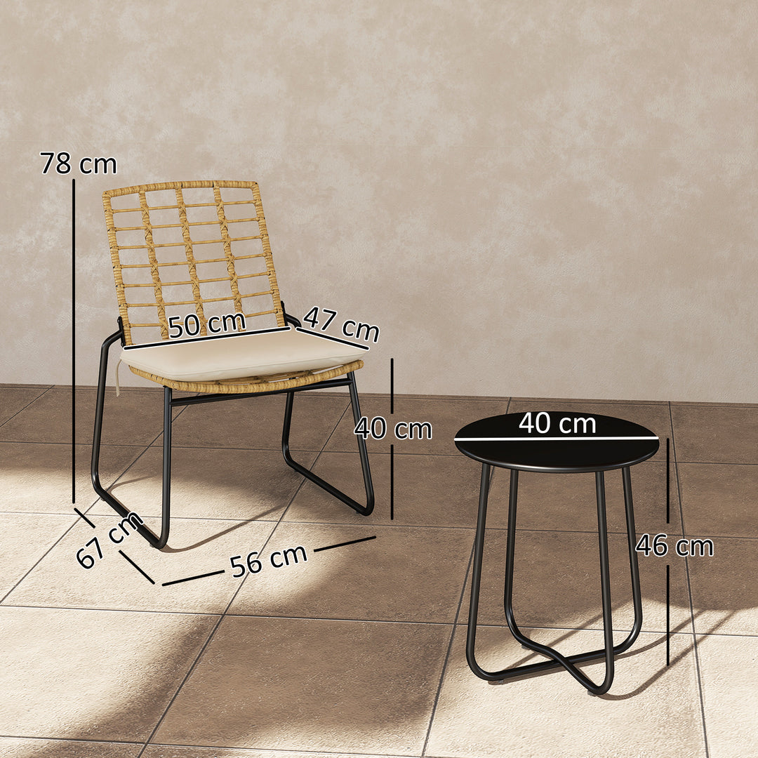 3-delt havemøbelsæt, 2 rattanstole, 1 bord med metalplade, sædehynder, bistrosæt, beige og brun