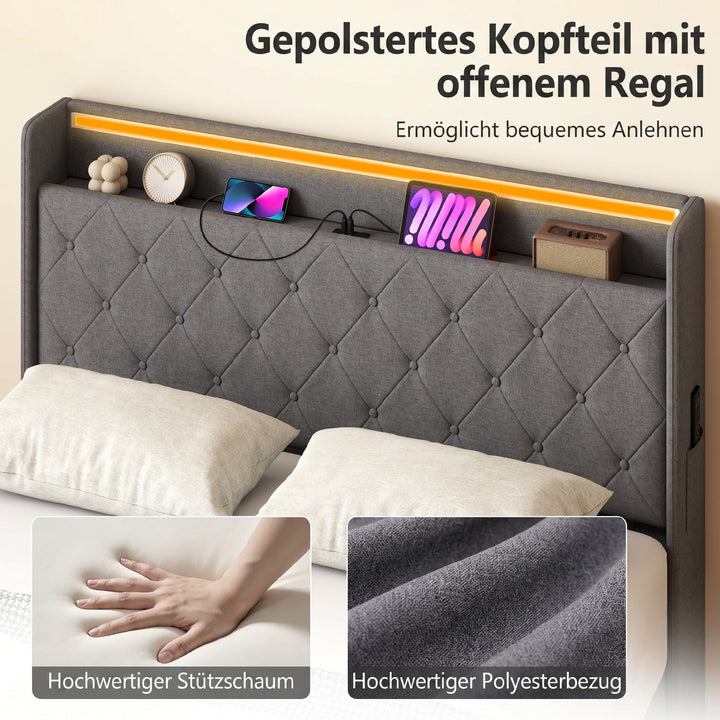 Sengestel 140 x 200 cm med hoved- og fodgærde, platformseng med hydraulisk opbevaring, LED-lys