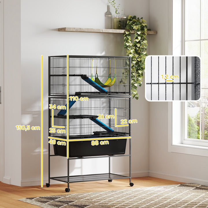 Bur til små dyr, kæledyrsbur med 5 niveauer, skridsikre ramper, hængekøje, 88 x 48 x 150,5 cm, mørkegrå