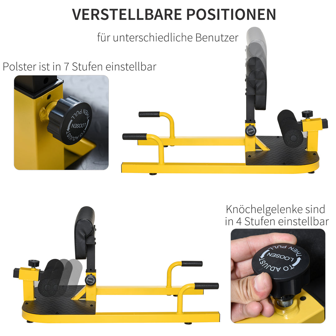 Sissy squat squat trainer bentræner mavetræner baldetræner 3 i 1 træner justerbar op til 120 kg stål gul+sort 50 x 97 x (44,5–56,5) cm