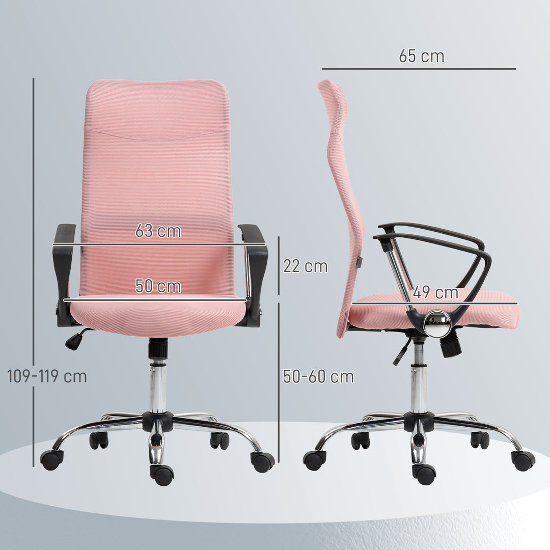 Ergonomisk kontorstol, højdejusterbar drejestol med vippefunktion, netpolstring, 63 x 65 x 109-119 cm, lyserød