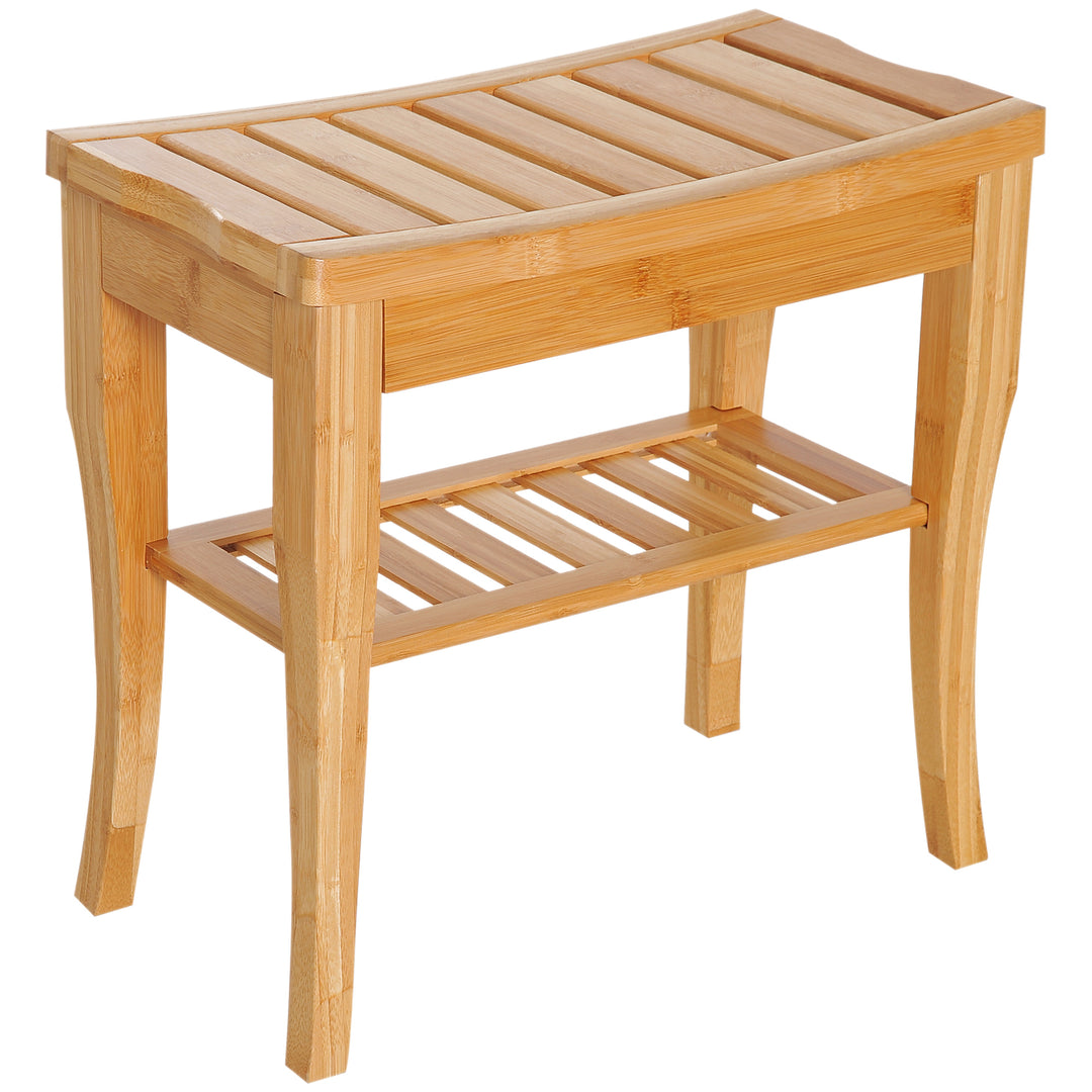 Brusestol, badeværelsesstol med hylde, brusesæde, brusestol, badeværelsesstol, badeværelseshylde, bambus, 47,5 x 26 x 44,5 cm, naturlig