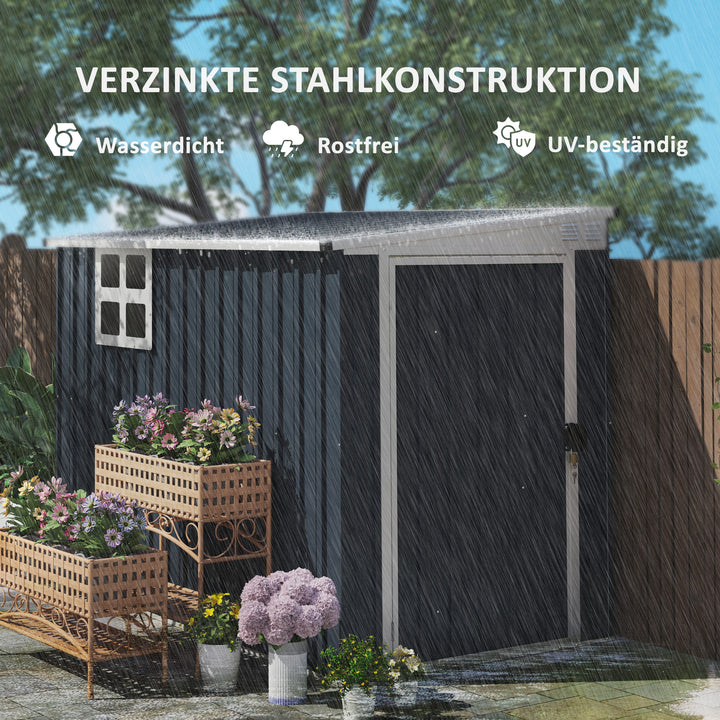 Haveskur, redskabsskur til haveredskaber, vinduer, ventilationsåbninger, aflåselig, stål, mørkegrå