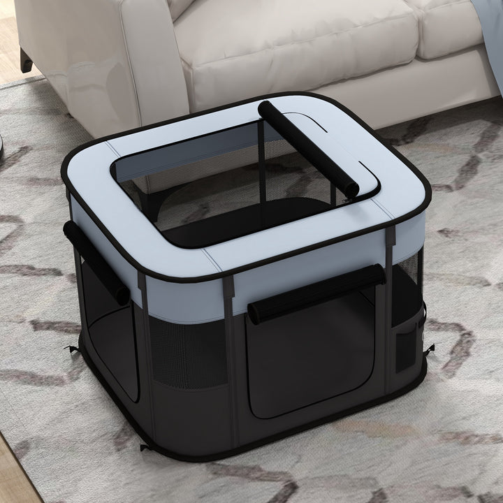 Sammenklappelig kæledyrs legegård med opbevaringspose til hvalpe og killinger, indendørs og udendørs, grå