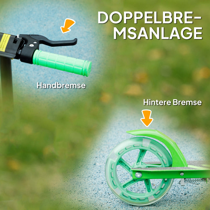 Børneløbehjul, dobbeltbremser, metalstel, fodstøtte, foldbar, 3-8 år, grøn