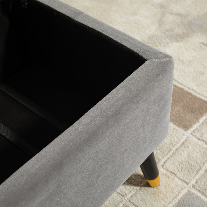 Bænk, polstret bænk med opbevaring, kommodebænk, metal, skum, gummitræ, antracitgrå, 110 x 43 x 45 cm