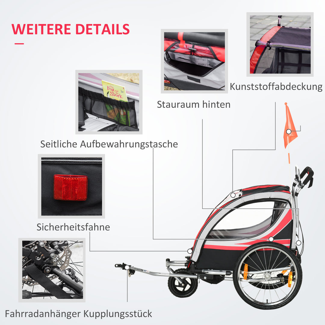 Børnecykeltrailer, 2-i-1, joggerfunktion, vejrbestandigt overtræk, stålstel, rød+sort, 142 x 75 x 101 cm