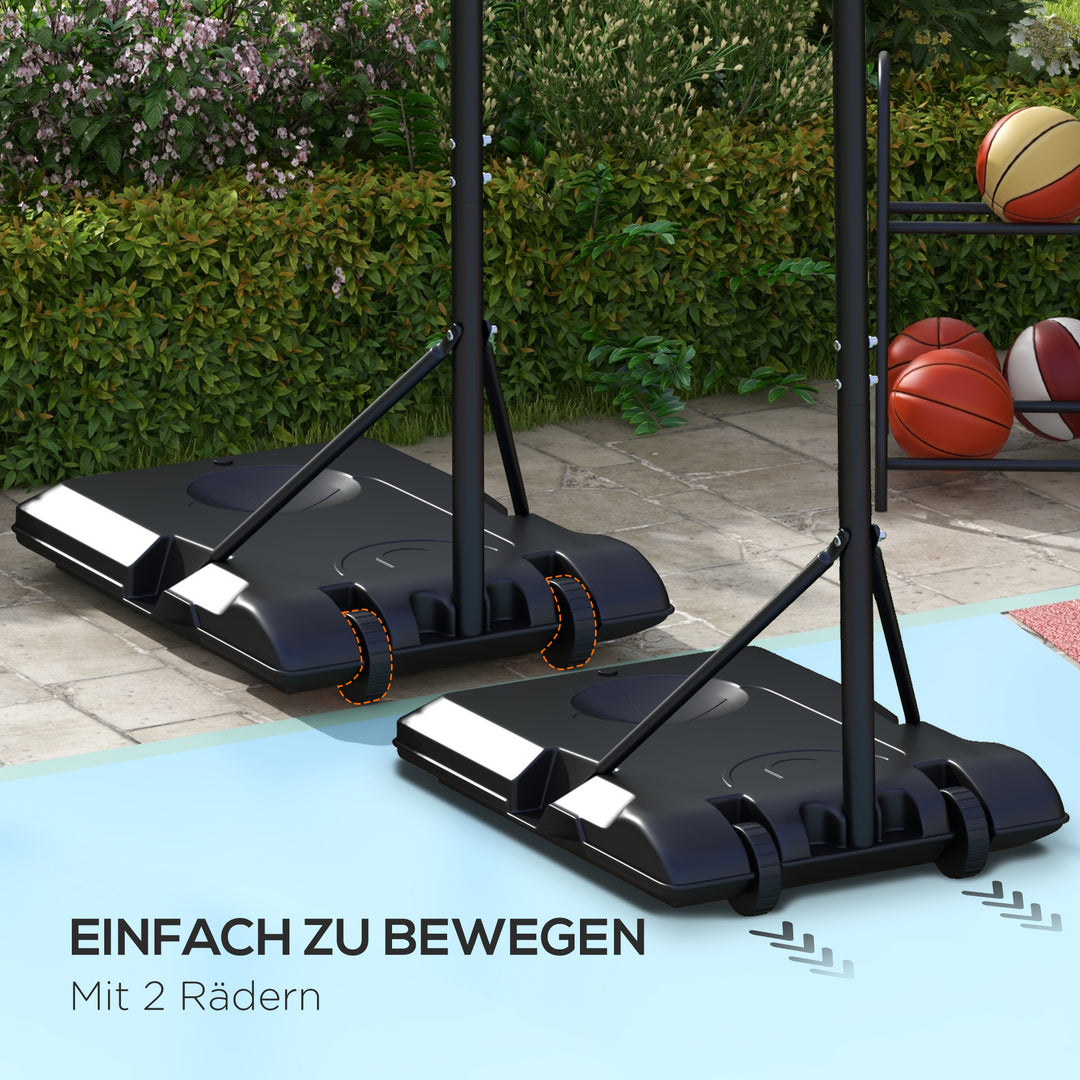 Højdejusterbar fritstående basketballkurv med net og hjul, stor base, 179-209 cm, plast, stål
