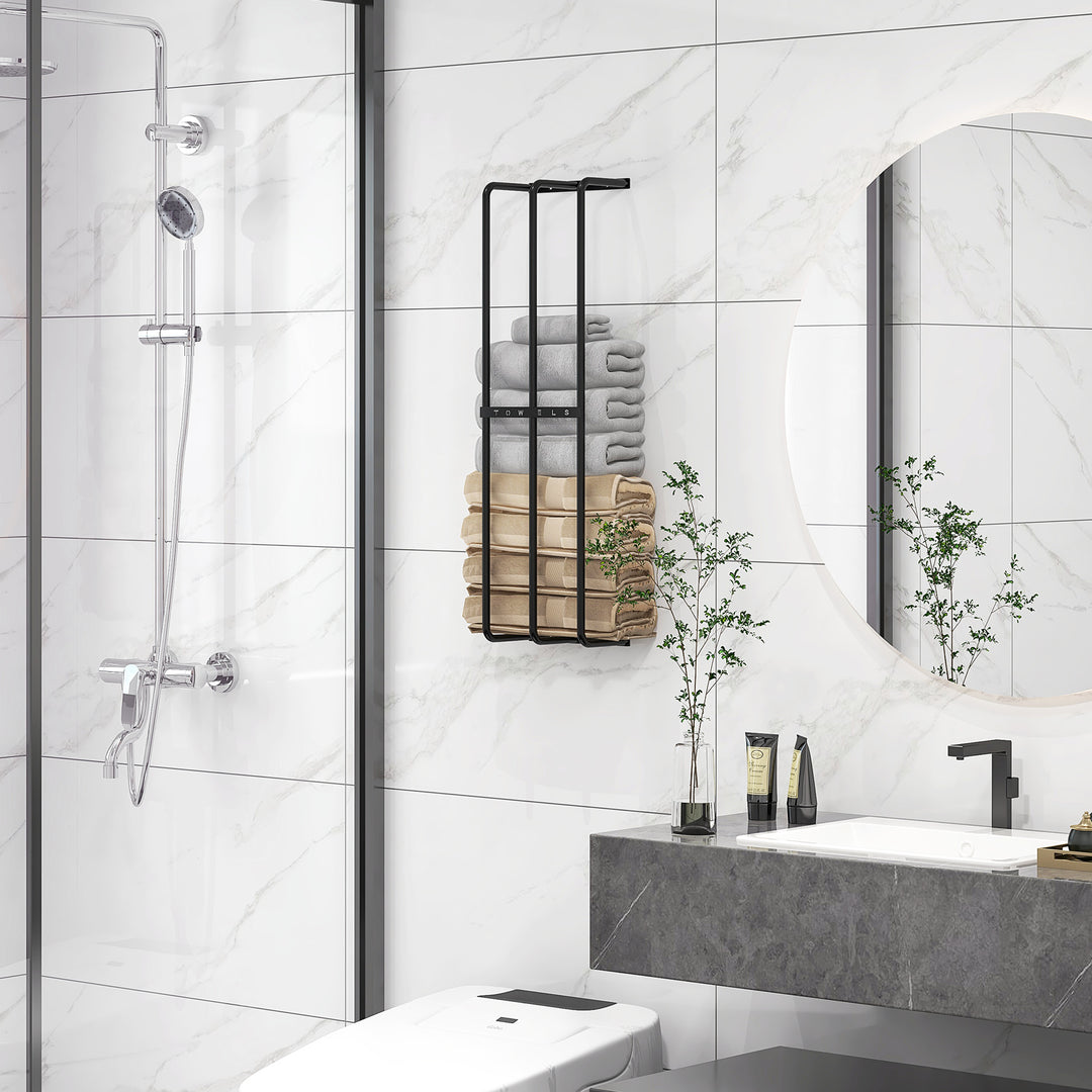 Håndklædeholder, vægbeslag til 6 store håndklæder, metal, 21 x 12 x 74 cm, sort