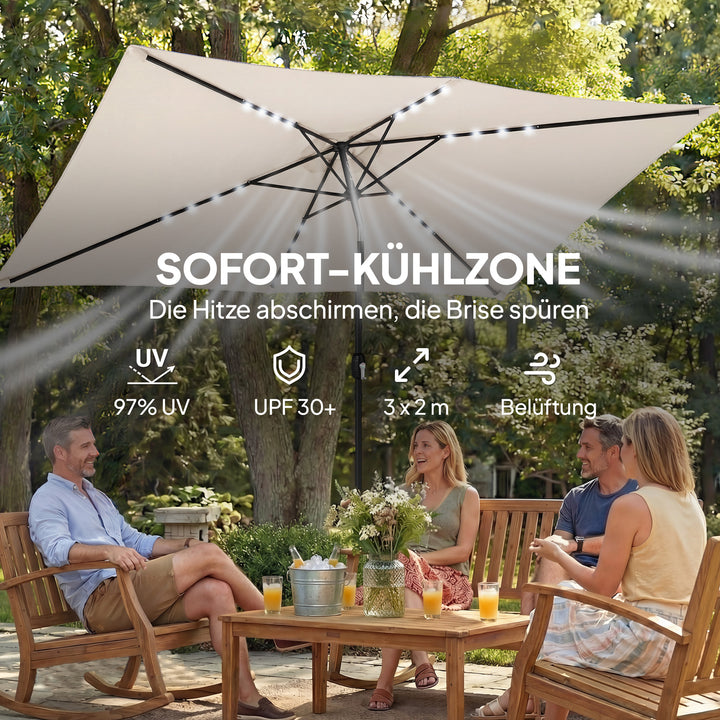 LED solcelleparasol, ca. 300 x 200 cm, vipbar balkonparasol med håndsving, beskyttelsesovertræk, UV-beskyttelse, drejelig, cremehvid