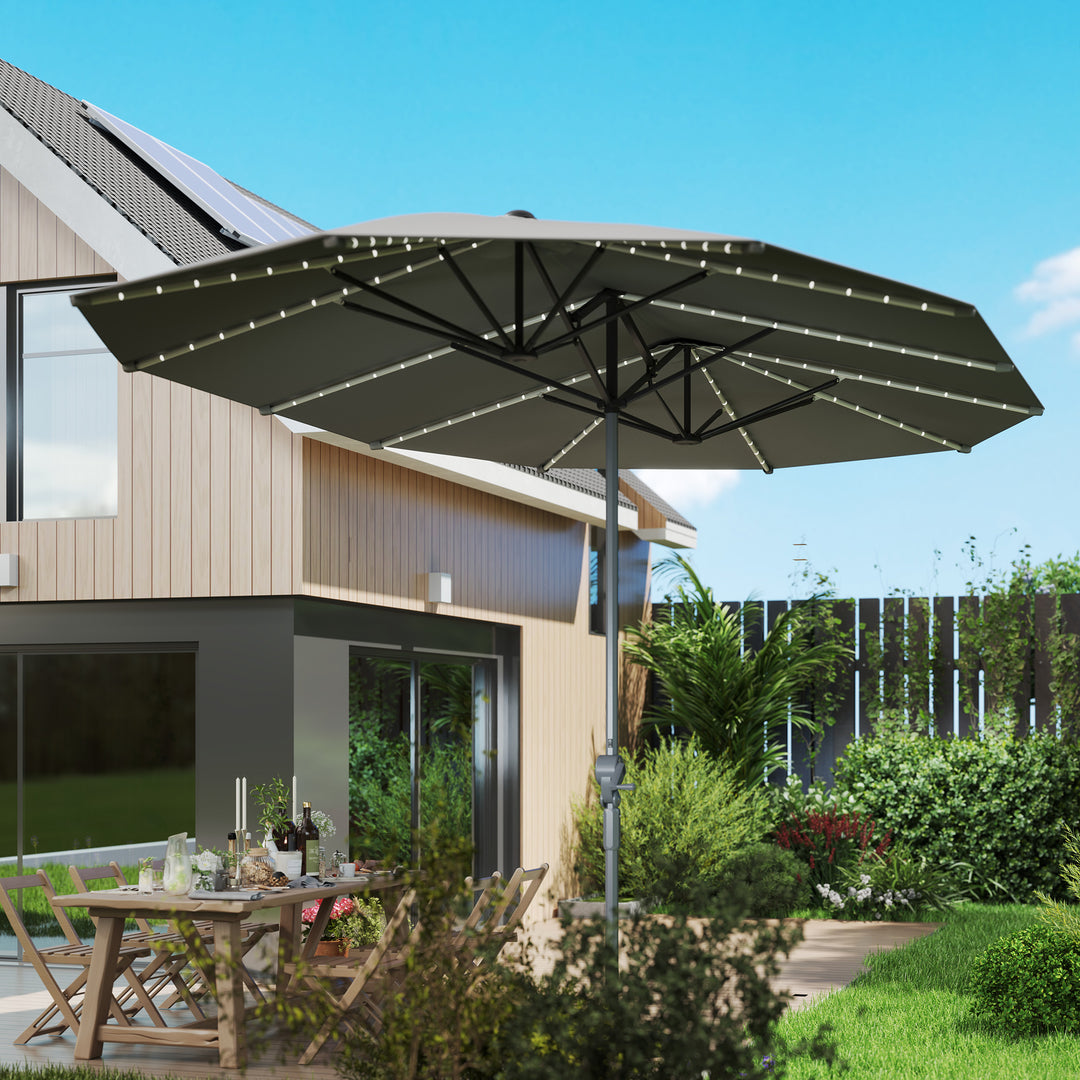 Dobbeltparasol med solcellelys, aluminium, polyester, upf 50+ beskyttelse, uv-resistent, terrasseparasol, mørkegrå