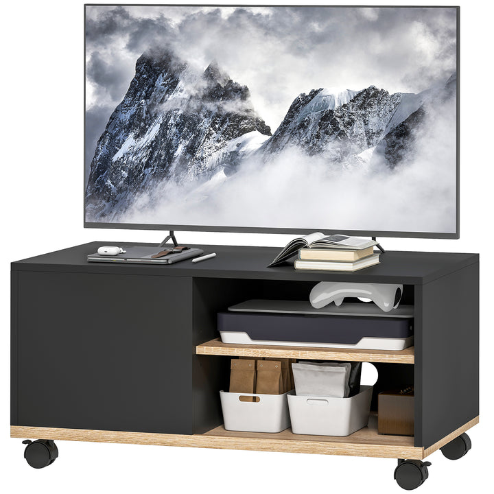 TV-bord på hjul med bremser, TV-møbel med skab og justerbar hylde, sort og eg