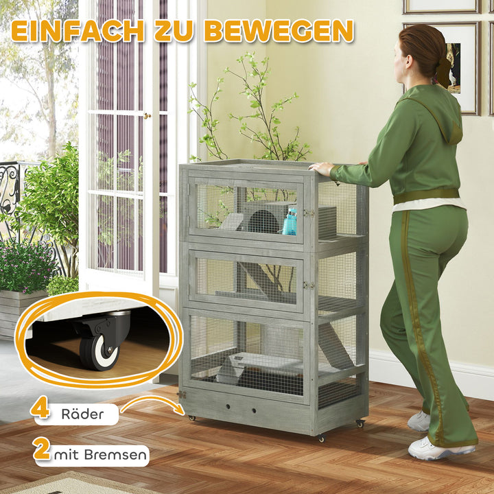 4-Etagers træhamsterbur med hytter, vippe, madskåle, ramper og hjul, 65 x 45 x 109 cm, grå