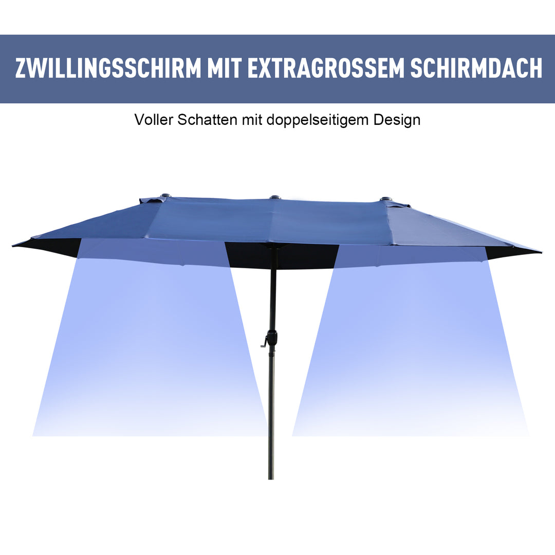 Dobbeltparasol 455 x 270 cm haveparasol med håndsving oval stabil metalstang markedsparasol dobbeltparasol terrasseparasol solbeskyttelse til strand balkon terrasse have blå