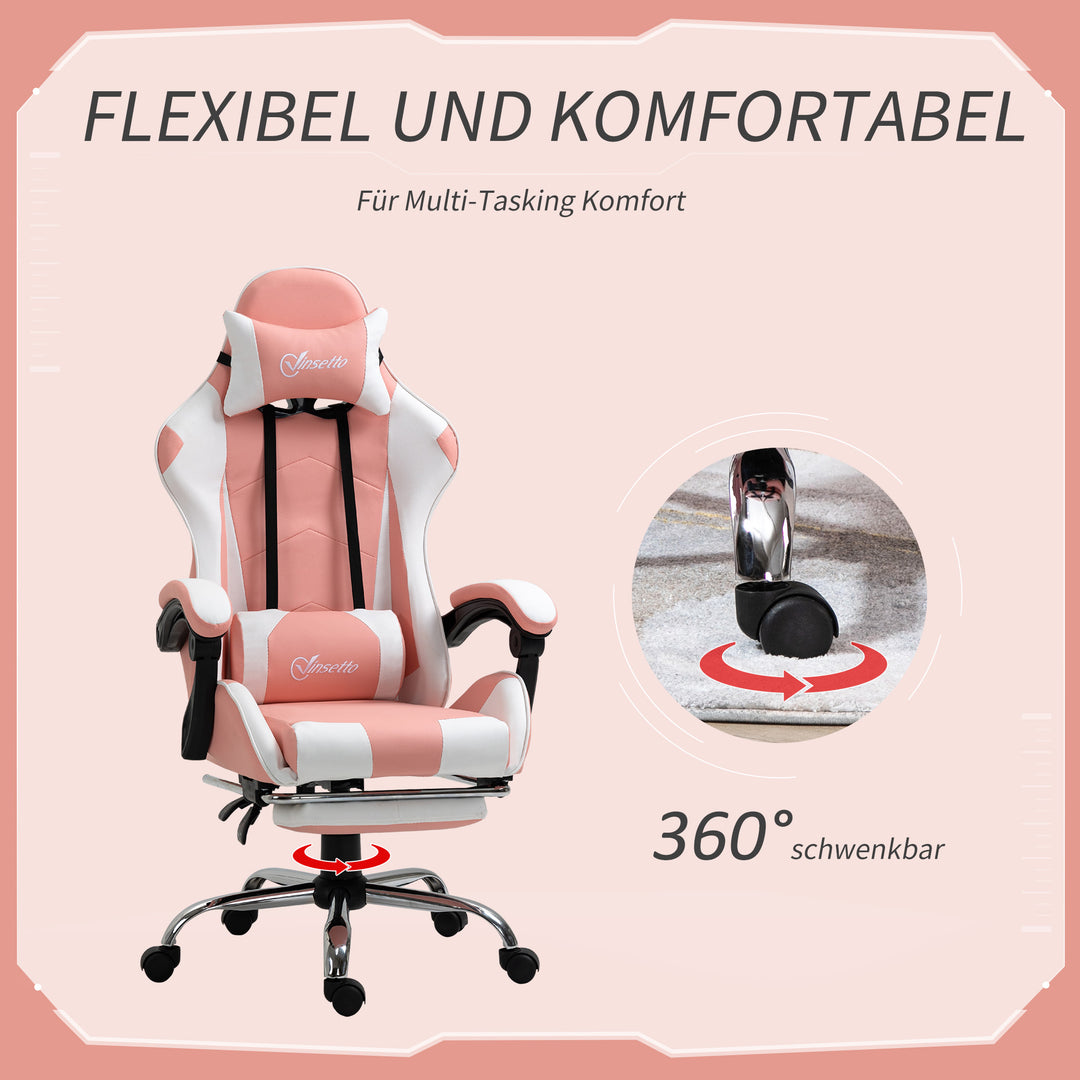 Gaming chair computerstol ergonomisk kontorstol gamerstol med nakkestøtte lændehynde kontorstol højdejusterbar 360° drejelig skum kunstlæder pvc pink+hvid 64 x 67 x 119-127 cm