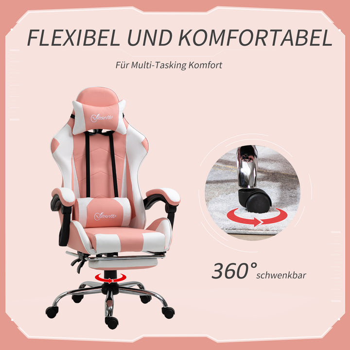 Gaming chair computerstol ergonomisk kontorstol gamerstol med nakkestøtte lændehynde kontorstol højdejusterbar 360° drejelig skum kunstlæder pvc pink+hvid 64 x 67 x 119-127 cm