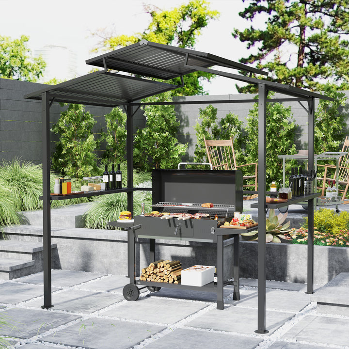 Grillpavillon 250 x 160 x 250 cm, vandtæt havepavillon med dobbeltlagstag og sidehylder, sort