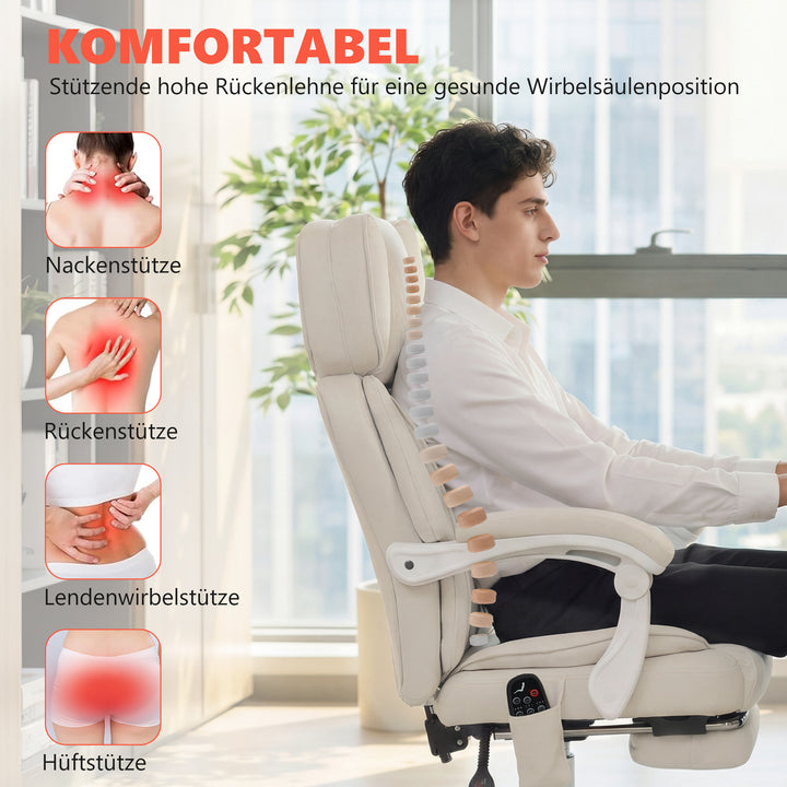 Kontorstol med høj ryg, vibrationsmassage og varme, ergonomisk, vipbar, med fodstøtte, cremehvid