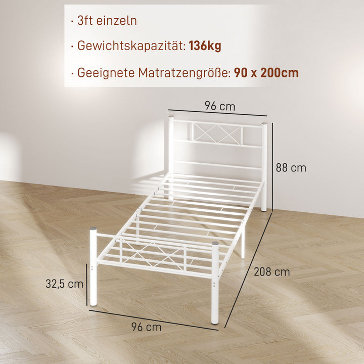 Enkeltsengestel med høj hovedgærde, nem montering, opbevaring under sengen, stål, hvid