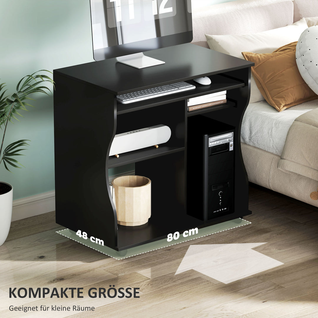 Computerbord med hjul, skrivebord med opbevaring, 80 x 48 x 75 cm, sort