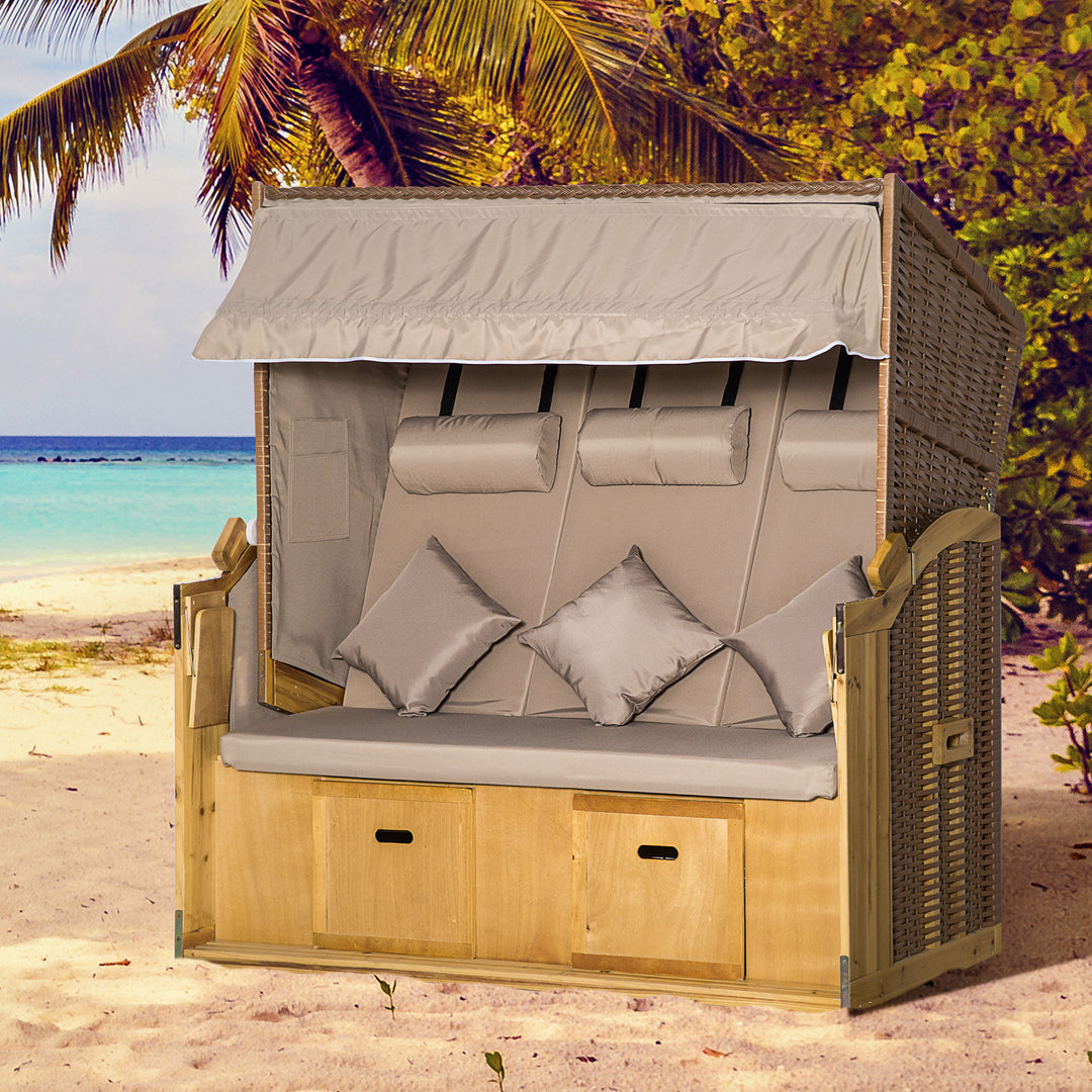 Strandstol/solseng med baldakin, 2 klapborde, fodstøtte, chaiselong, justerbar ryglæn med 5 positioner, XXL polyrattan, naturlig finish, 150 x 79 x 160 cm