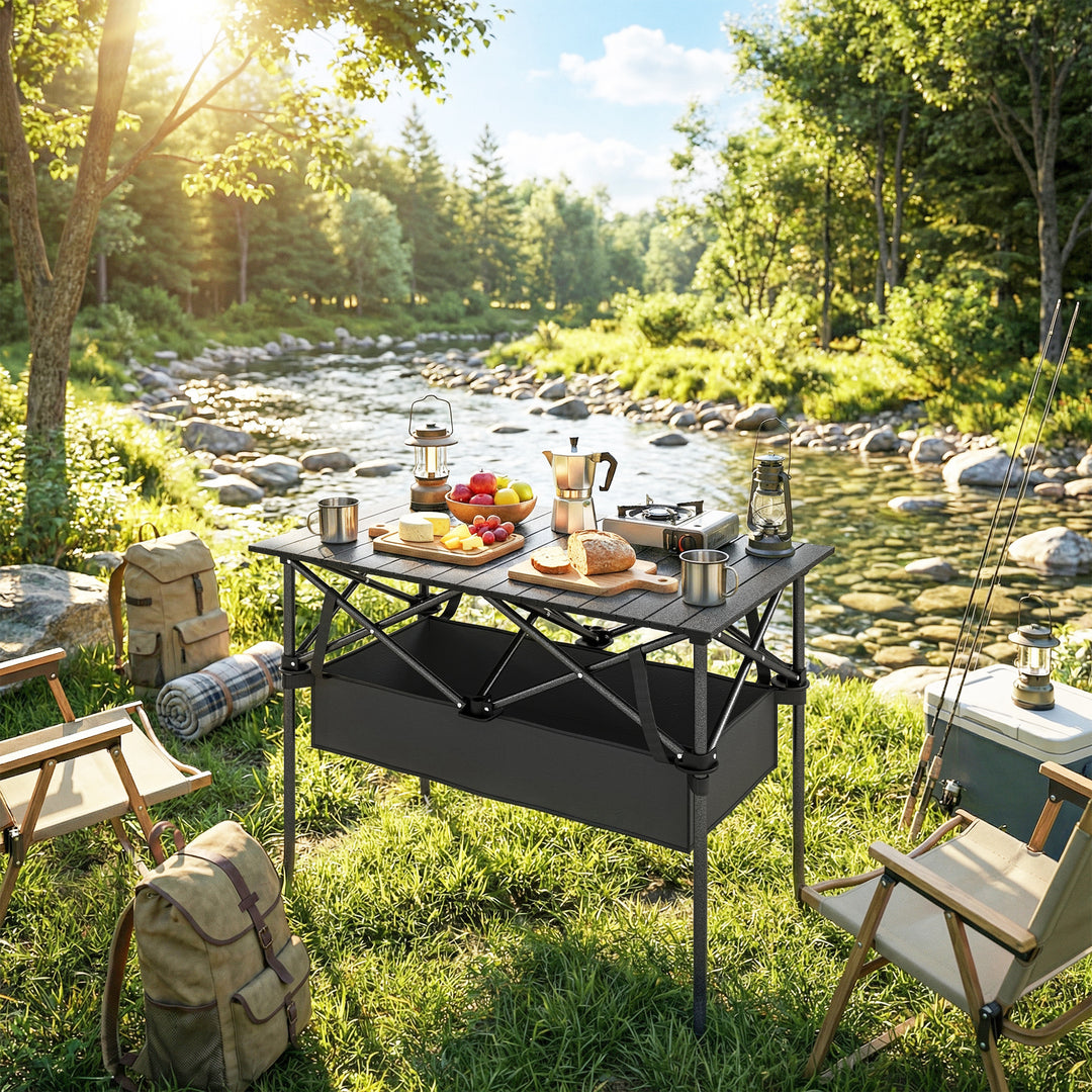 Sammenklappeligt og rulleligt picnicbord, bærbart campingbord med nethylde og bæretaske til udendørs brug, sort