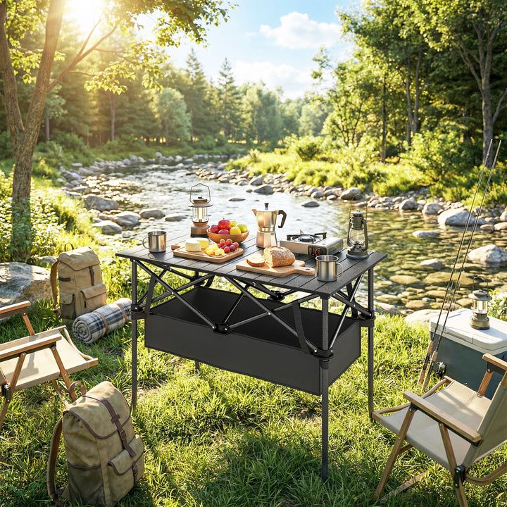 Sammenklappeligt og rulleligt picnicbord, bærbart campingbord med nethylde og bæretaske til udendørs brug, sort