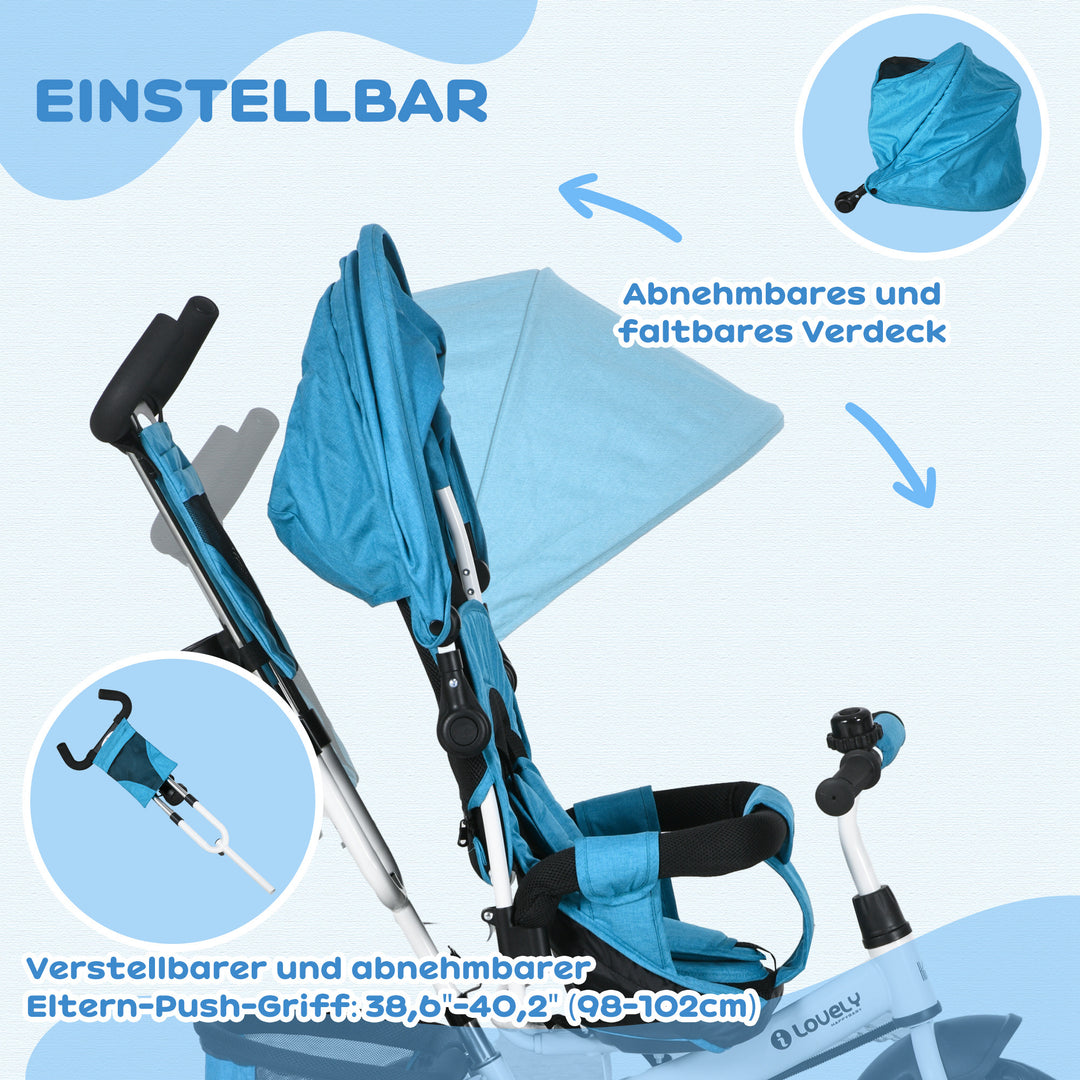 Børnetrecykel, børnecykel, bagkurv, kopholder, solskærm, metal, blå