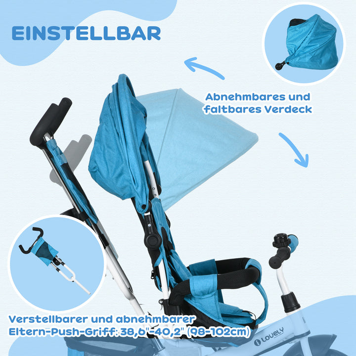 Børnetrecykel, børnecykel, bagkurv, kopholder, solskærm, metal, blå