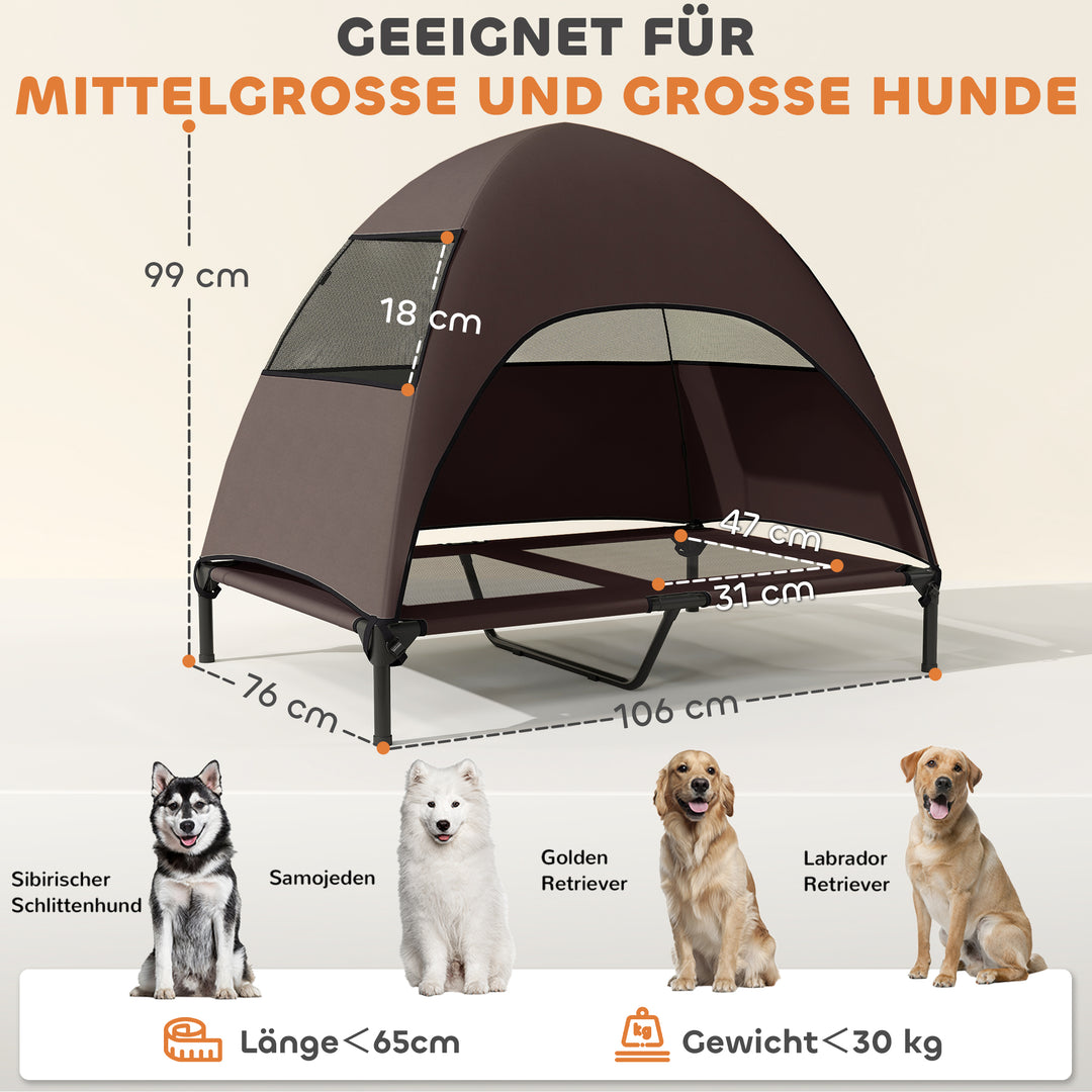 Udendørs hundeseng med tag, hævet hundeseng til store hunde, 106 x 76 x 99 cm, kaffe
