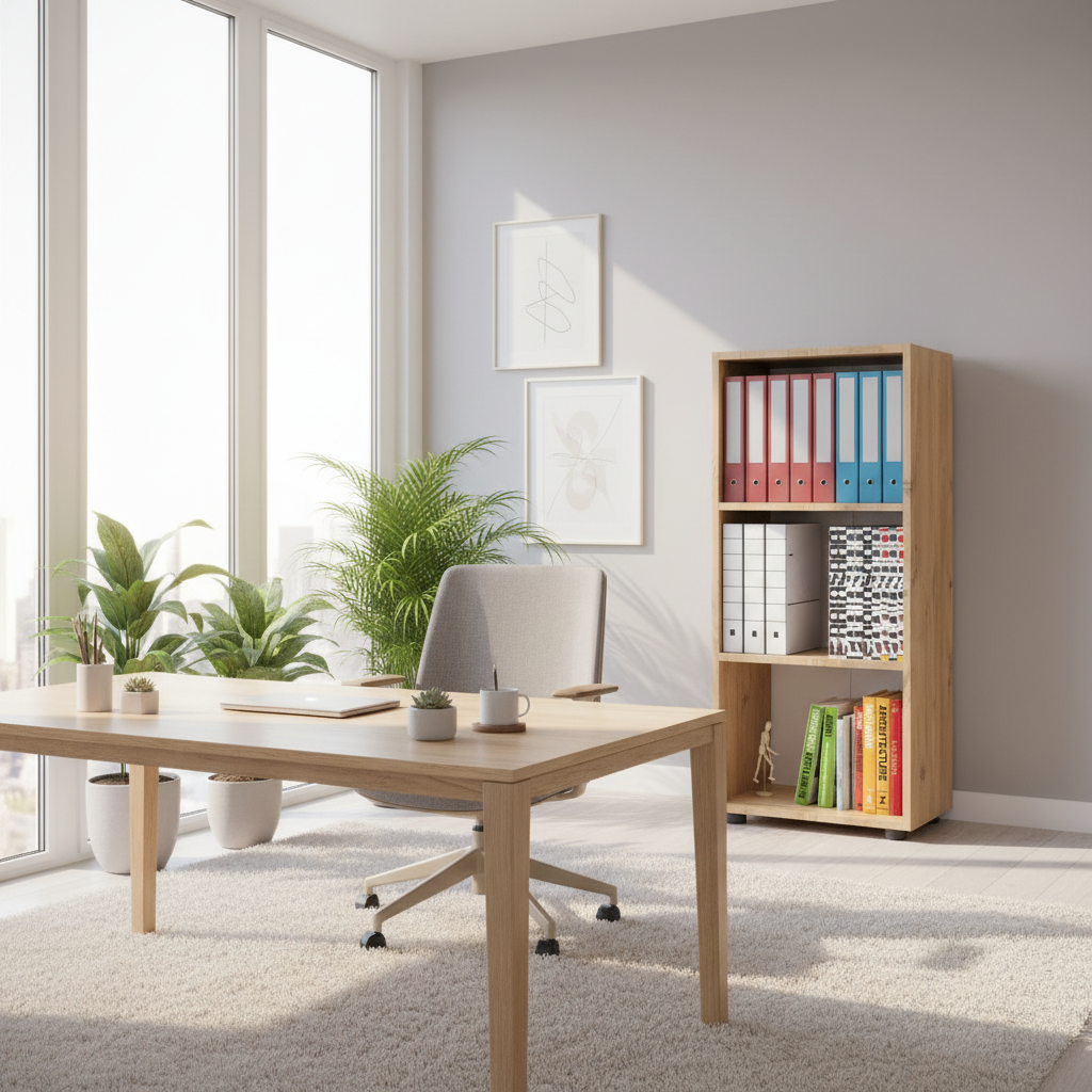 Kontorreol i naturfarve – 3 åbne rum, 2 hylder, 108 x 49 x 32 cm